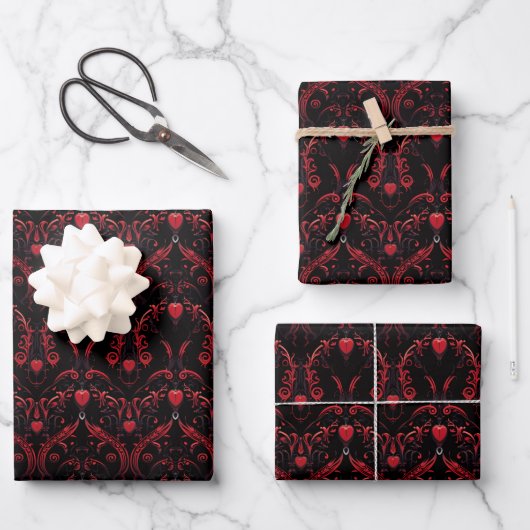 Gothic Rote Herzen kompliziert Geschenkpapier Set (Vorderseite)