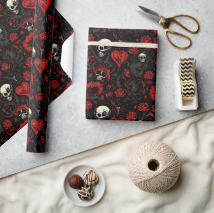Gothic rote Herzen und Totenköpfe Geschenkpapier