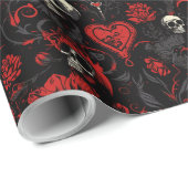 Gothic rote Herzen und Totenköpfe Geschenkpapier (Rolleneckpunkt)