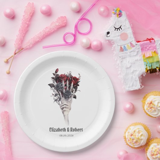 Gothic Rote Rosen Skeleton Wedding Pappteller (Party)
