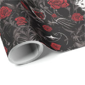 Gothic rote Rosen und Totenköpfe Geschenkpapier (Rolleneckpunkt)