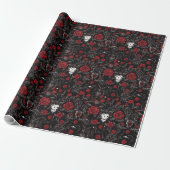 Gothic rote Rosen und Totenköpfe Geschenkpapier (Ungerollt)