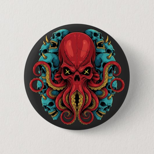 Gothic Roter Oktopus Blaue Schädel Button (Vorderseite)