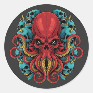Gothic Roter Oktopus Blaue Schädel Runder Aufkleber