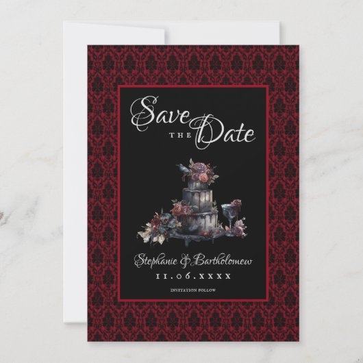 Gothic Rotes Damast Foto Save the Date (Vorderseite)