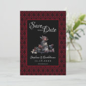 Gothic Rotes Damast Foto Save the Date (Stehend Vorderseite)