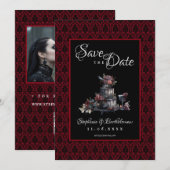 Gothic Rotes Damast Foto Save the Date (Vorne/Hinten)