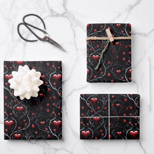 Gothic rotes Herz und graue feine Linien Geschenkpapier Set (Vorderseite)