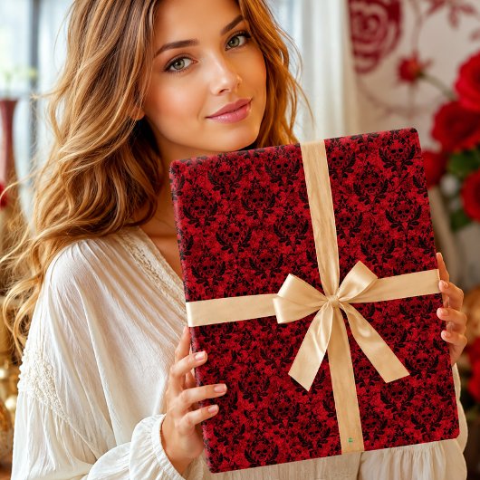 Gothic rotes und schwarzes Damast-Schädelmuster Geschenkpapier