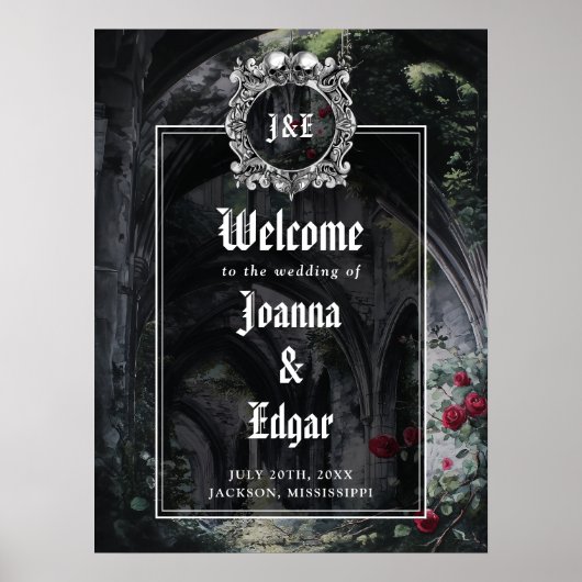 Gothic Ruinen Rosen Florale Hochzeits-Willkommenss Poster (Vorne)