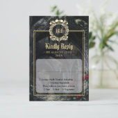Gothic Ruins Monogram Black And Gold Wedding RSVP Karte (Stehend Vorderseite)