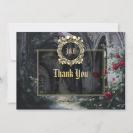 Gothic Ruins Roses Floral Black And Gold Wedding Dankeskarte