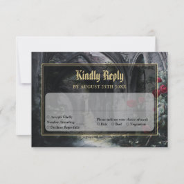 Gothic Ruins Roses Floral Black And Gold Wedding RSVP Karte