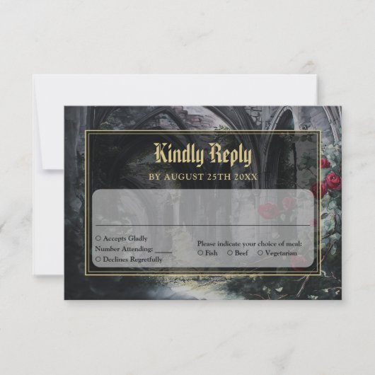 Gothic Ruins Roses Floral Black And Gold Wedding RSVP Karte (Vorderseite)