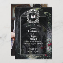 Gothic Ruins Roses Floral Monogram Photo Wedding Einladung