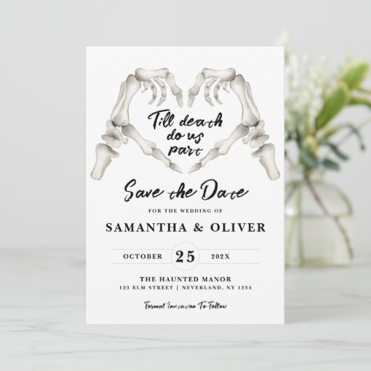 Gothic Save the Date Minimal Wedding SkeletonHerz (Stehend Vorderseite)