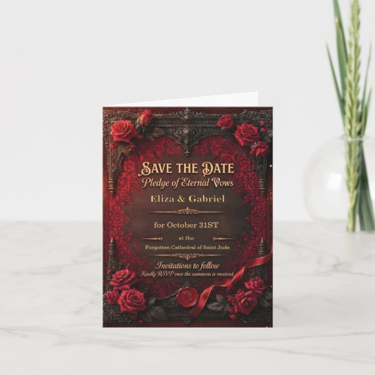 Gothic Save-the-Date mit roter Rose und Wachssiege Einladung (Vorderseite)