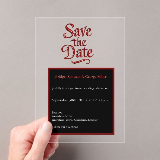 Gothic Save the Date - transparent rot Metallic Acryleinladungen (Insitu (Handheld))