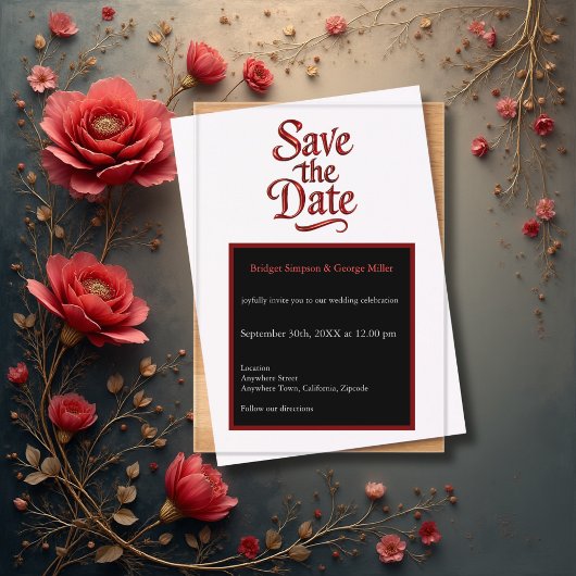 Gothic Save the Date - transparent rot Metallic Acryleinladungen