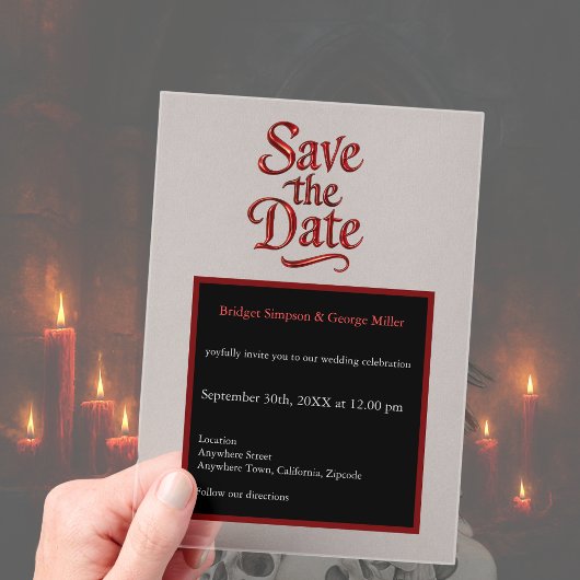 Gothic Save the Date - transparent rot Metallic Acryleinladungen