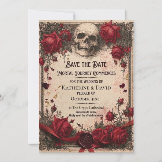 Gothic Save-the-Date-Vorlage mit Totenkopf und Ros Einladung (Vorderseite)