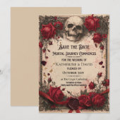 Gothic Save-the-Date-Vorlage mit Totenkopf und Ros Einladung (Vorne/Hinten)