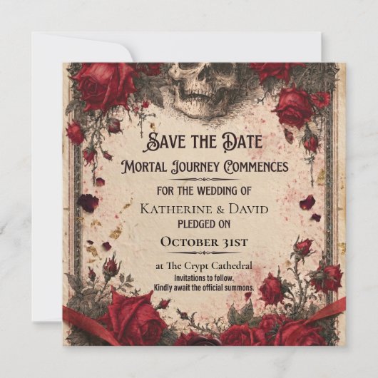 Gothic Save-the-Date-Vorlage mit Totenkopf und Ros Save The Date (Vorderseite)