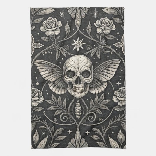 Gothic-Schädel-Blumen-Himmelsmuster (1) Geschirrtuch (Vertikal)