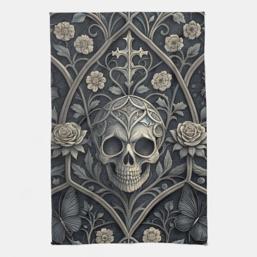 Gothic-Schädel-Blumen-Himmelsmuster (2) Geschirrtuch (Vertikal)