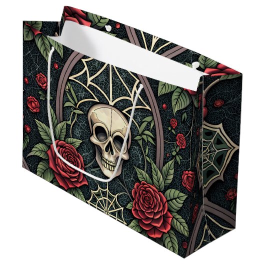 Gothic-Schädel-Blumen-Himmelsmuster (3) Große Geschenktüte (Vorderseite Schrägansicht)