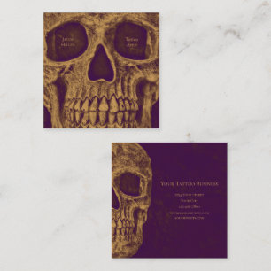 Gothic-Schädel-Gesicht Gold-Lila-Tätowierungsshop Quadratische Visitenkarte