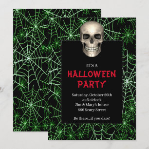 Gothic-Schädel-grüne Spinnennetz-Halloween-Party Einladung