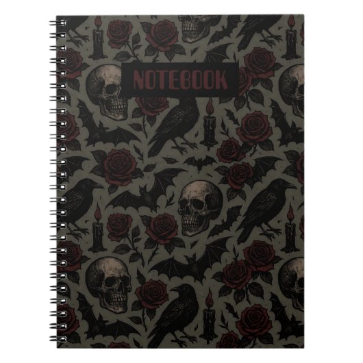 Gothic-Schädel, Krähen und Rosen-Muster Notizblock (Vorderseite)