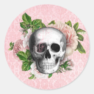 Gothic Schädel mit Rosen Pink Halloween Runder Aufkleber