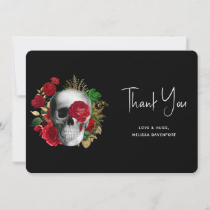 Gothic-Schädel mit roten Blumen und goldenen Blätt Dankeskarte