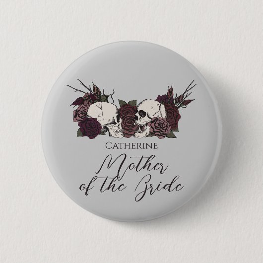 Gothic-Schädel & Rose Hellgraue Hochzeitsfeier Button (Vorderseite)