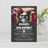 Gothic Schädel Rose Piraten Kinder Erwachsene Lede Einladung (Stehend Vorderseite)