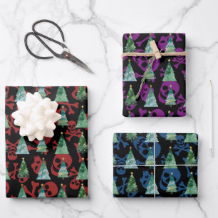 Gothic Schädel Rot Lila Blau Weihnachtsbäume  Geschenkpapier Set