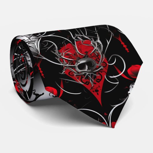 Gothic-Schädel Rot Schwarz und Grau Linienkunst Krawatte (Gerollt)
