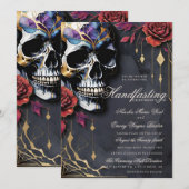 Gothic-Schädel & rote Rosen Halloween Handfasting Einladung (Vorne/Hinten)