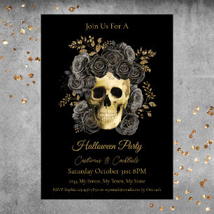 Gothic-Schädel Schwarz & Goldene Rosen Halloween-P Einladung