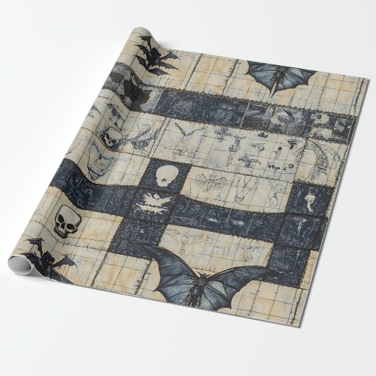 Gothic-Schädel- und Fledermaus-Denim-Collage Geschenkpapier (Ungerollt)