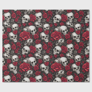 Gothic-Schädel und rote Rose dunkles Blumenmuster Geschenkpapier