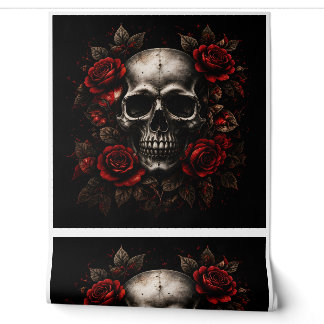 Gothic-Schädel und rote Rosen dunkle Blumen-Tapete Tapete