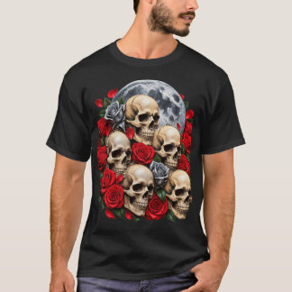 Gothic-Schädel und rote Rosen T-Shirt | Dunkle Blu