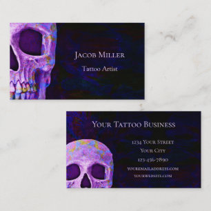 Gothic-Schädelkopf lila blau Tattoo-Shop Visitenkarte