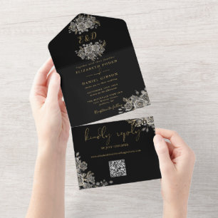 Gothic-Schwarz-Gold-Monogramm-QR-Code-Hochzeit All In One Einladung