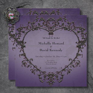 Gothic-Schwarz & Lila-Filigran-Herz-Hochzeit Einladung