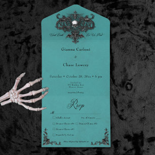Gothic Schwarz & Türkis Halloween-Filigran-Dinner All In One Einladung