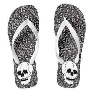Gothic Schwarz-weiß Damask Muster White Skull Badesandalen